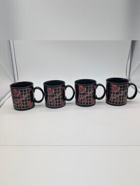 Vintage 1980s Alaska Souvenir Mugs - Black Gold Grid Red Hearts (Set of 4)